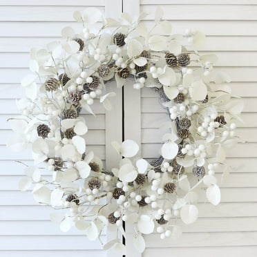 White Pine Cone and Berry Eucalyptus Leaf Wreath - 22 Inch Handcrafted Winter Christmas Decoration