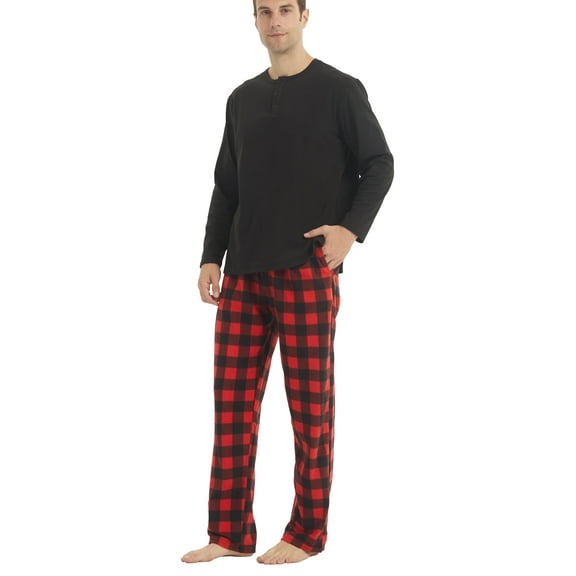LNFINTDO Mens Pajama Sets Thermal Shirts & Fleece Plaid Pants Pjs Set Henley Long Sleeve Plaid Pajamas for Men, Black & Red Black Plaid, Large