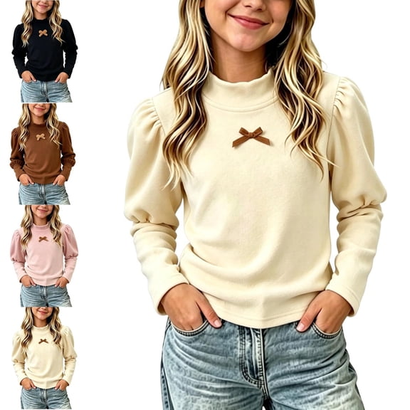 NAISIBABY Girls T-Shirts Size 6, Mock Neck Long Sleeve Causal Tee Fall Winter Top Beige