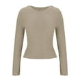 thumbnail image 5 of Scyoekwg Long Sleeve Crop Tops for Women Solid Color Round Neck Basic Short Tops Casual Comfy Slim Tops Pullover (Khaki,XXL), 5 of 6