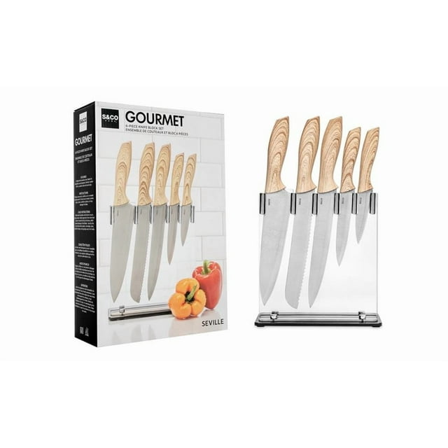6-Piece Kitchen Knife Set with Wood Grain Handles and Acrylic Stand – Seville Collection