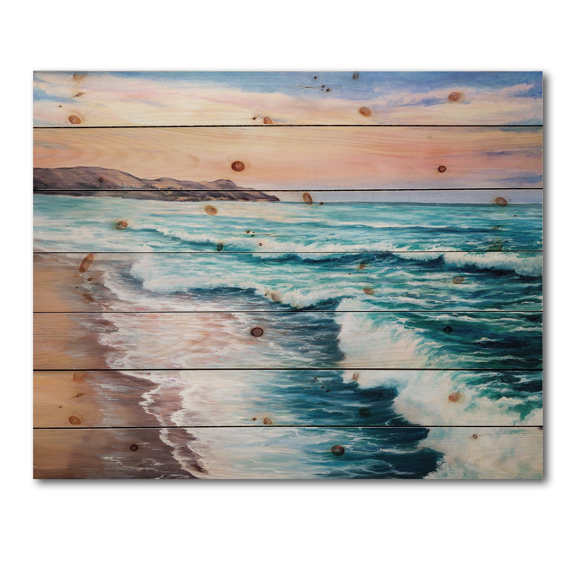 Designart 'Sunrise Glow On The Ocean Waves III' Nautical & Coastal Print on Natural Pine Wood