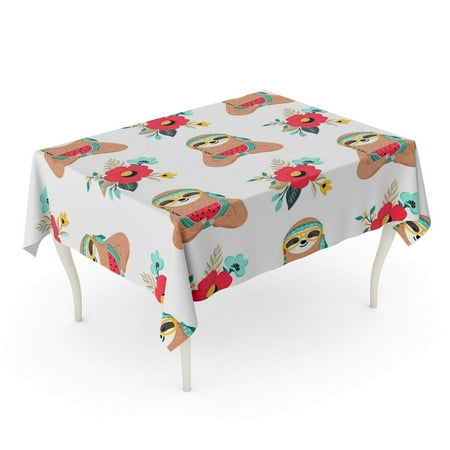 KDAGR Cute Baby Sloth and Flowers Funny Hippie Eating Watermelon Tablecloth Table Desk Cover Home Party Decor 60x120 inch