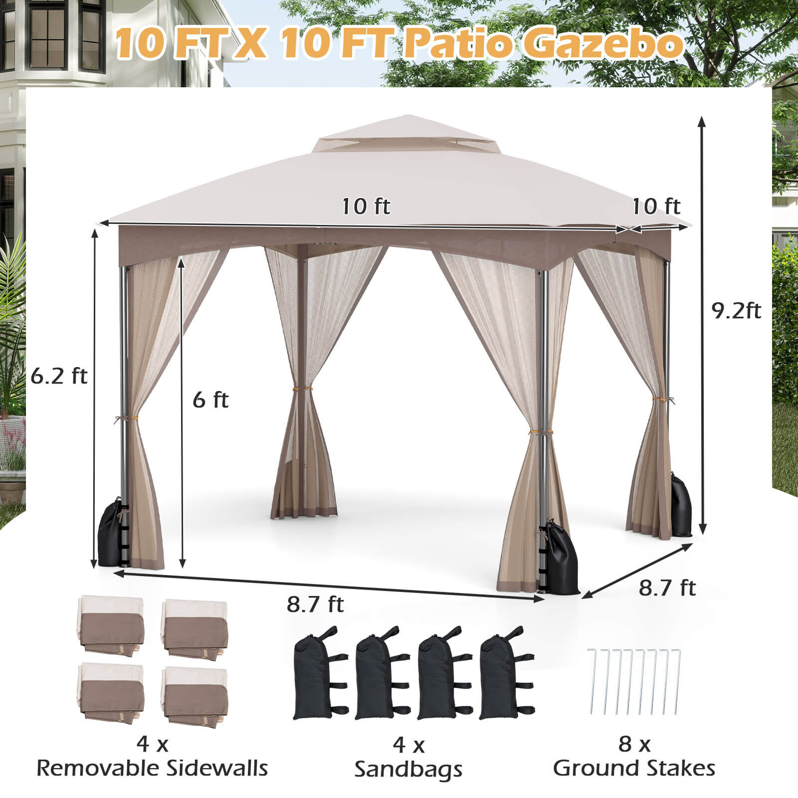 Costway 10x10 FT 2-Tier Patio Gazebo Canopy Netting Heavy-Duty Metal Easy-Setup Outdoor