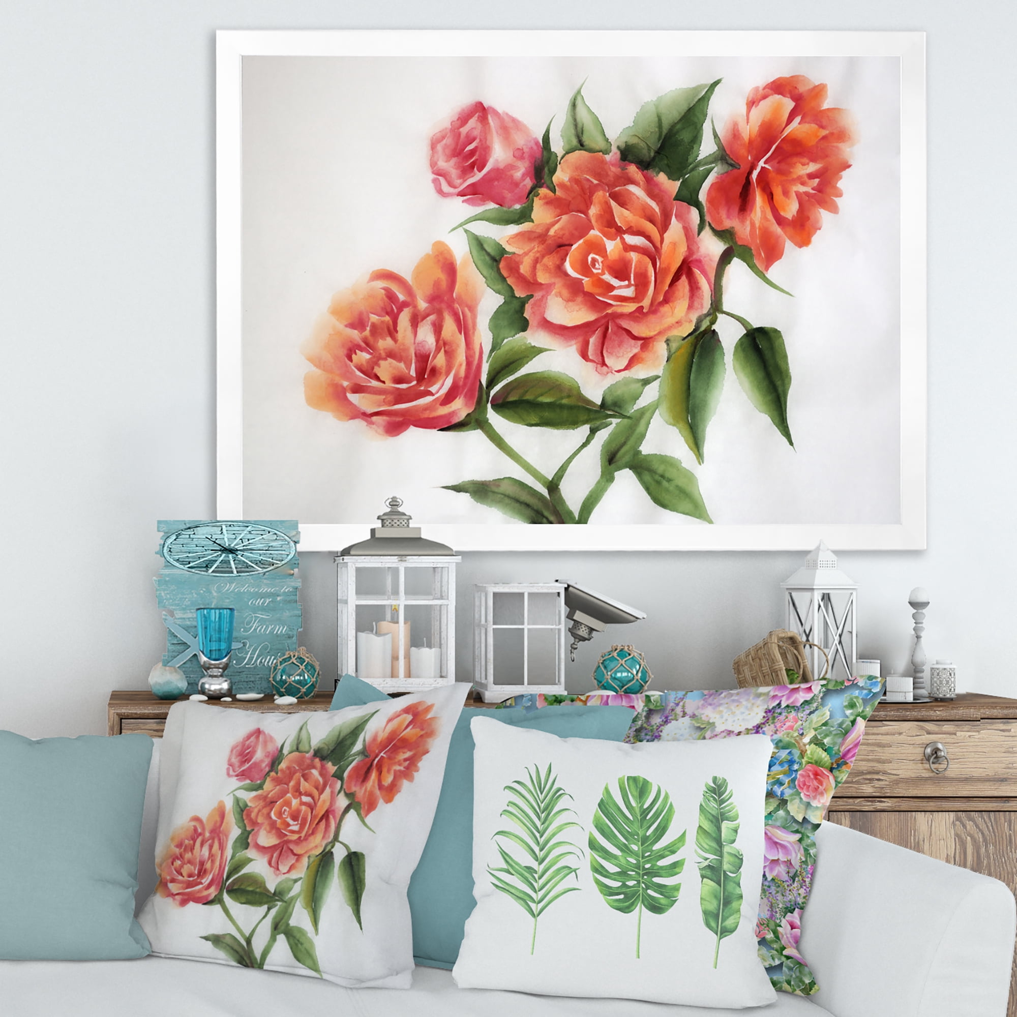 Designart 'Orange VIntage Roses With Green Leaves' Traditional Framed Art Print