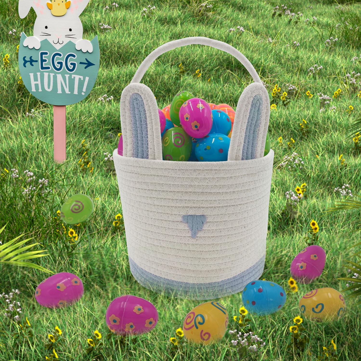 2 Pack Large Woven Easter Baskets for Girls & Boys - Empty Basket with Gift Bags and Ribbons Cute Easter Decorations Bunny Ears Designs (Blue+Green)