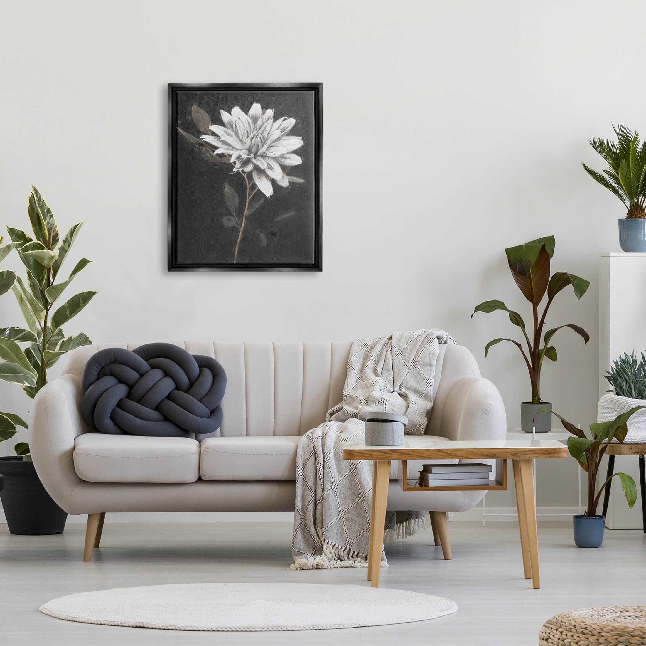 Stupell Industries Blooming Dahlia Flower Black Background Painting Jet Black Floating Framed Canvas Print Wall Art, Design by Nina Blue