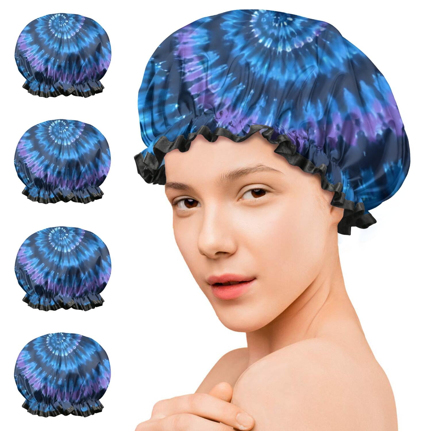 Shower Caps,Blue Tie Dye Pattern Waterproof Shower Cap for Women 4 Pieces,Double Reusable Hair Cover for Shower PEVA Elastic Stretch Hem