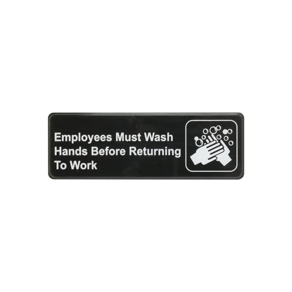 Excellante White on black 9 x 3 inch information sign with symbols - employees must wash hands before returning to work, comes in each