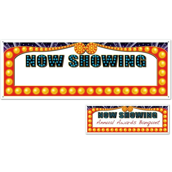 Party Central Club Pack of 12 White and Yellow Customizable 'Now Showing' Banner Signs 5'