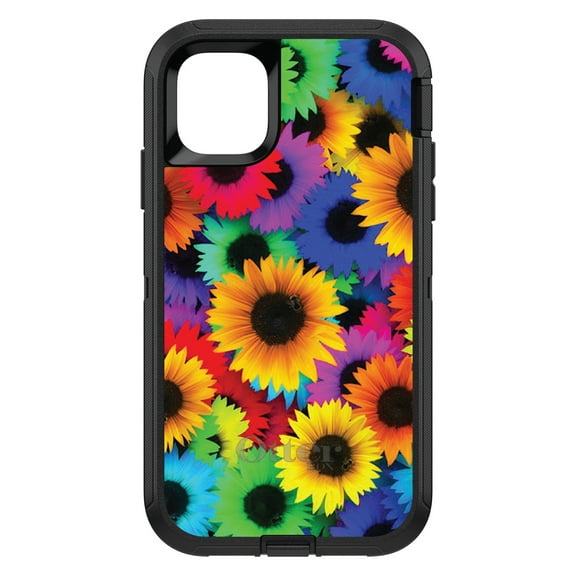 DistinctInk OtterBox Defender Custom Case for Apple iPhone 15 (6.1" Screen) - Red Green Yellow Sunflowers - Wireless Charging Compatible