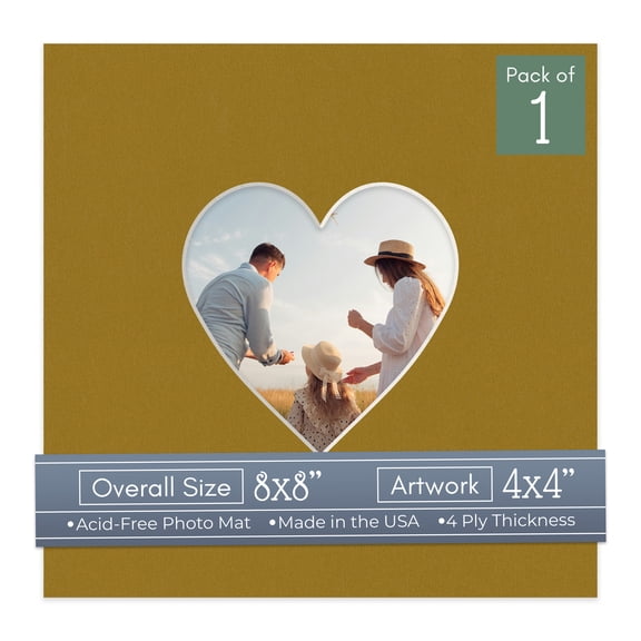 Metallic Gold Picture Frame Mat for 8x8 Frames - Heart Opening for 4x4 Photos - 1 Mat