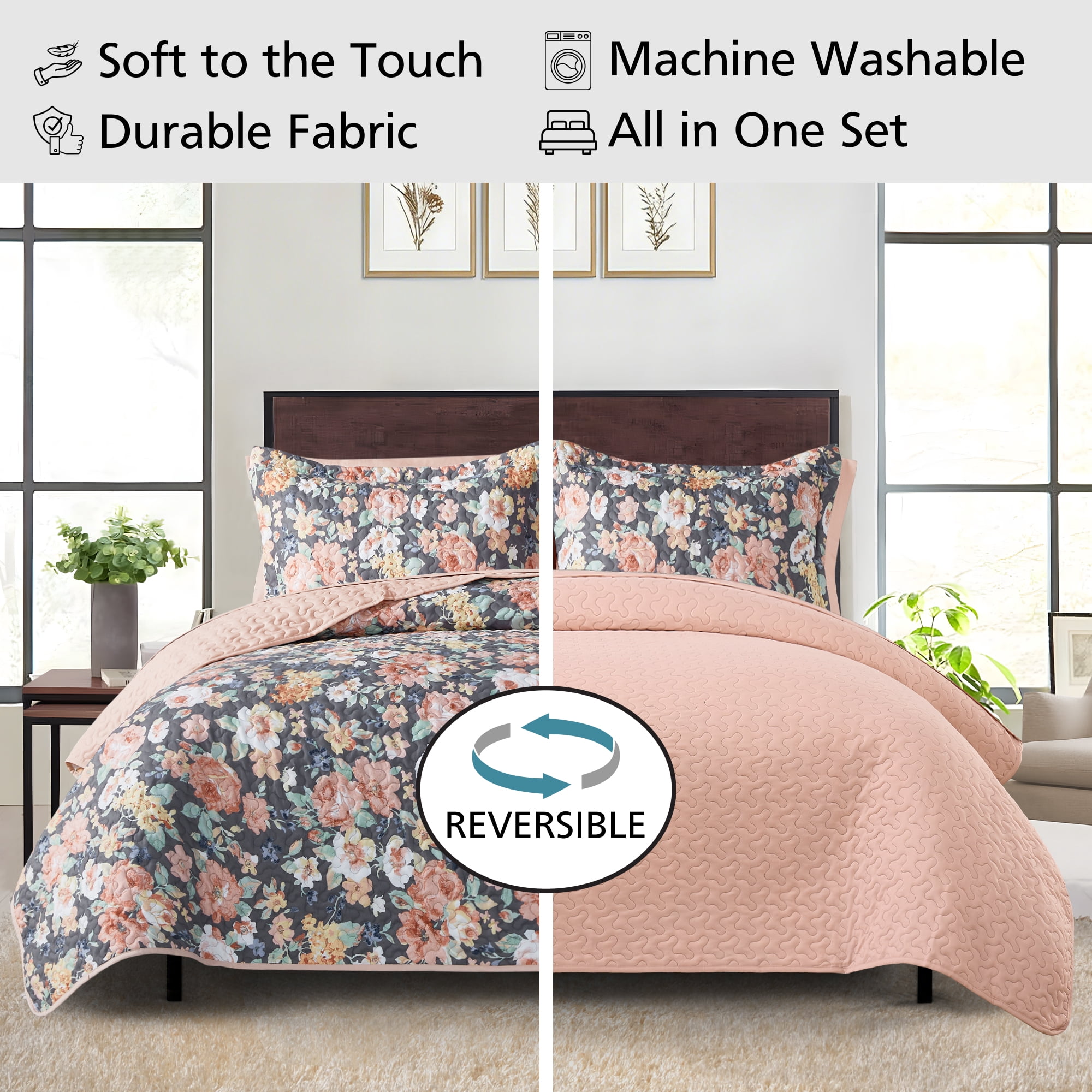 Mainstays All in One Lightweight Quilt Set and Sheet Set -7 Piece, Queen, Grey Floral