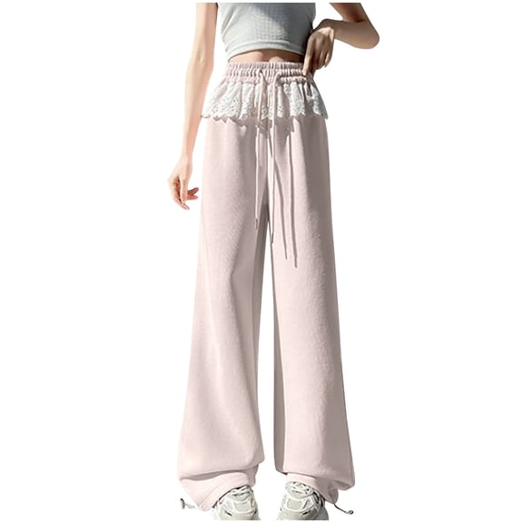 hotojiny Women's Wide Leg Sweatpants Trendy Drawstring Baggy Pants Cute Lace High Waisted Sport Workout Trousers