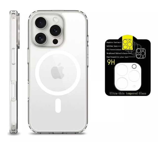 Kit Mica Cámara Para Iphone 16 + Funda Case Transparente para Iphone 16 pro / Transparente