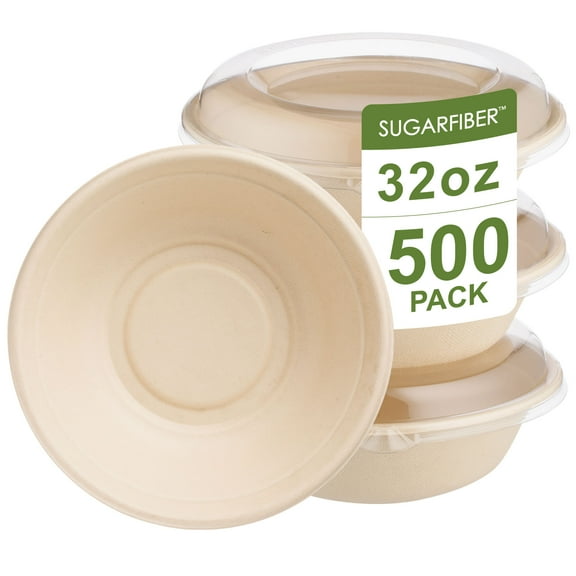 Sugarfiber 32oz Round Disposable Paper Bowl with Lid - Compostable Eco-Friendly Plant Fiber Containers for Meal Prep Takeout Dinnerware Plates Catering 100% by-product - 500 Set