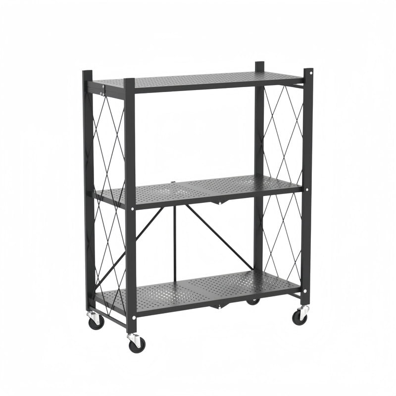 Howcool 3-Tier Heavy Duty Metal Rack Foldable Shelf Organizer, Kitchen Storage Cart with Lockable Wheel