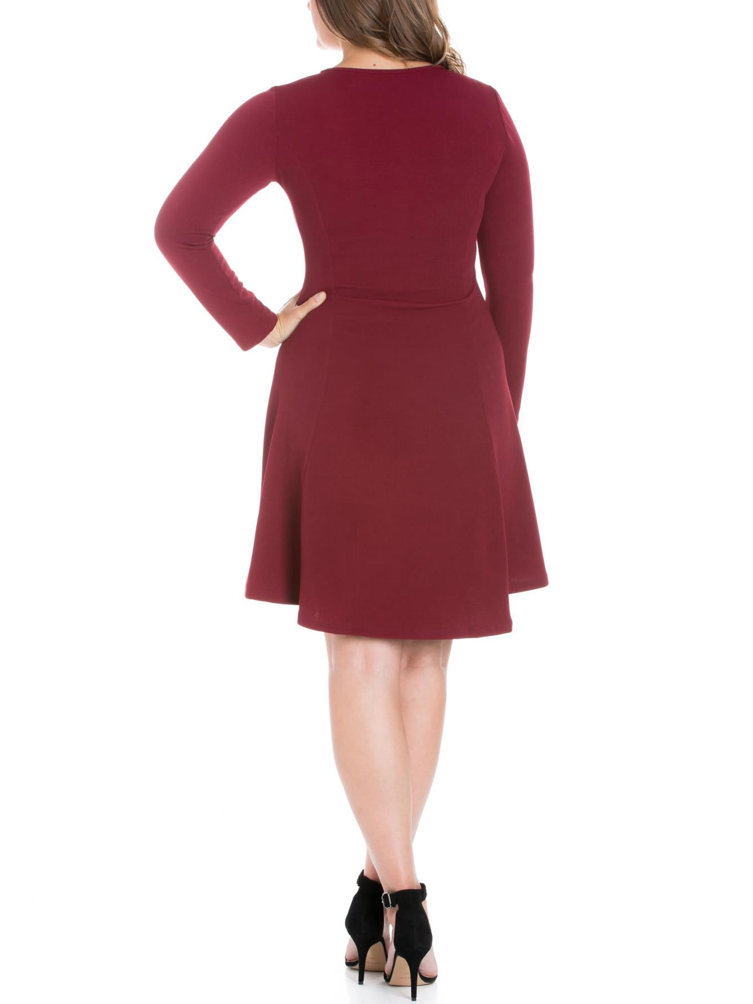 24seven Comfort Apparel Plus Size Long Sleeve Knee Length Skater Dress