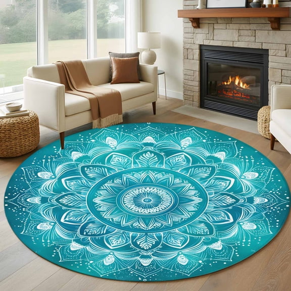 Round Rugs 5Ft, Teal Boho Round Area Rug Washable Indoor Throw Carpet, Vintage Ethnic Tribe Abstract Art Soft Non Slip Circle Rug for Cabinet Bathroom Home Decor Aesthetic