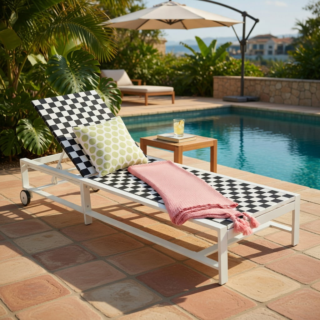 Hommoo Adjustable Outdoor Reclining Chaise Lounge Chair with Wheels, Steel Frame Patio Lounger for Deck, Backyard, Poolside, Black & White