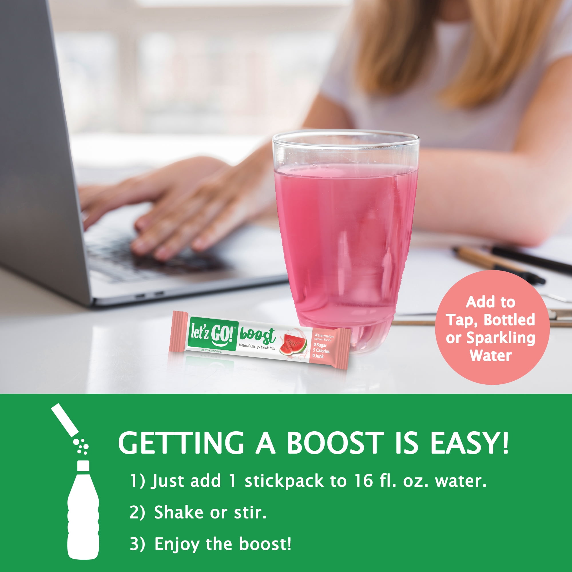 Let'z Go Boost Natural Energy + Hydration Drink Mix Powder, Watermelon, 15Ct