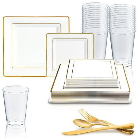 Dimmer Package - Kaya Collection - Square White and Gold Disposable Plastic Dinnerware Party Package - 20 Person Package - Includes Dinner Plates, Salad/Dessert Plates, Gold Cutlery and Tumblers