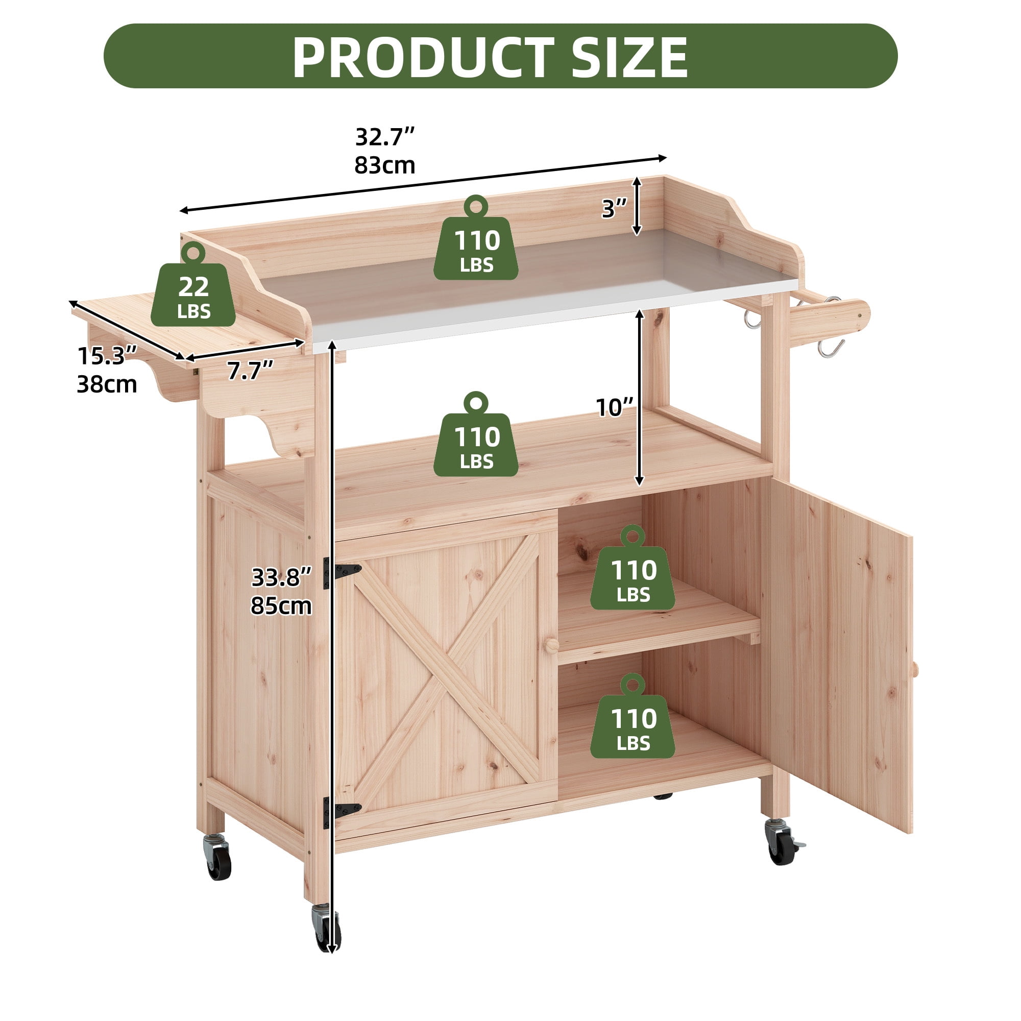Uforic Outdoor Potting Bench Table, Planting Work Bench with Galvanized Metal Tabletop, Foldable Side Panel, 4 Casters, Adjustable Shelf, Garden Workstation for Patio/Backyard, Light Wood