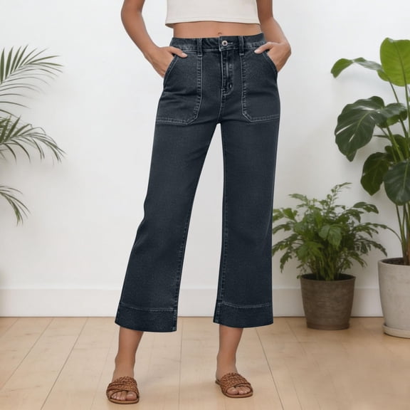 Holzkary Denim Capris for Women High Waisted Stretchy Wide Leg Capri Jeans Casual Summer Pull On Cropped Pants with Pockets Black L