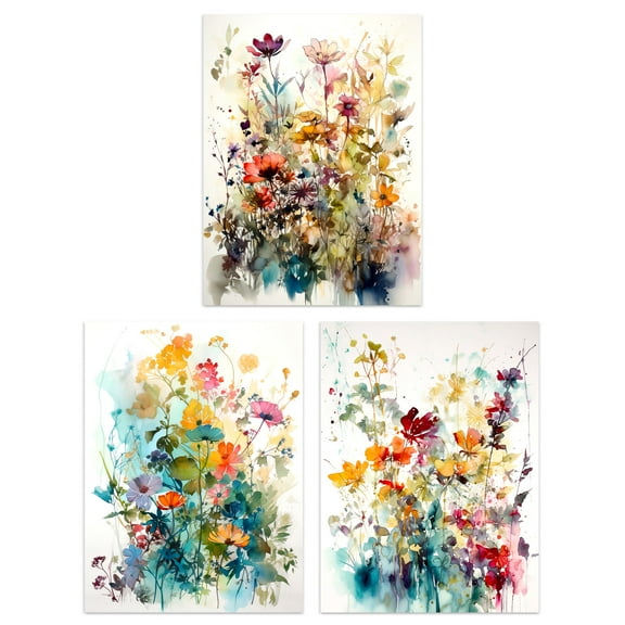 Set of 3 Wildflowers Colourful Watercolour Floral Artworks Spring Flower Field Unframed Wall Art Living Room Poster Prints Pack