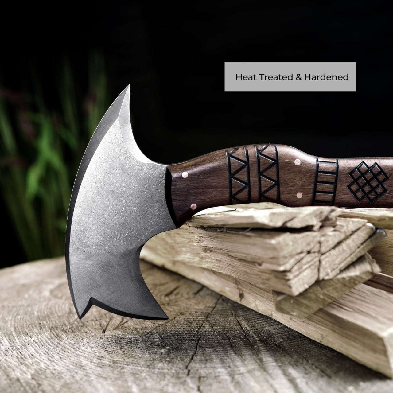 13.77" Camping Hatchet w/ Engraved Wooden Handle, Handmade Camping Axe