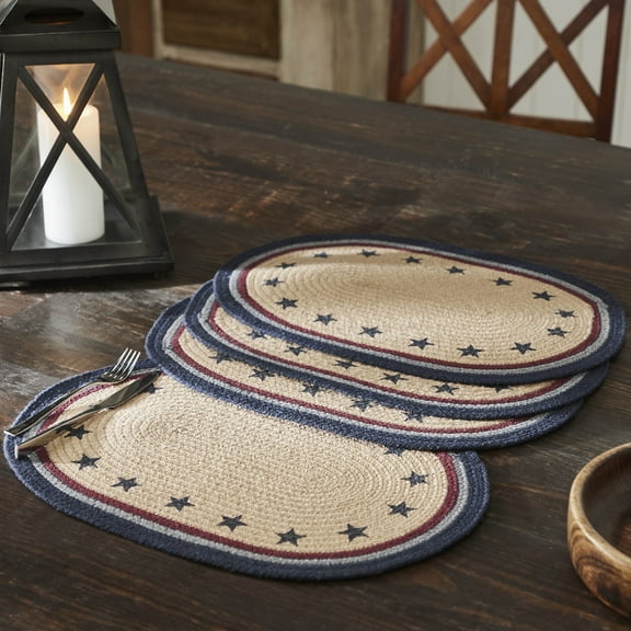 VHC Brands Braided Cotton Placemat 13x19 Set of 4, Cotton Dining Room, Kitchen Placemat, Dining Table Placemats, Woven Place Mat, Stenciled, My Country Collection, Oval 13x19, Stars, Navy