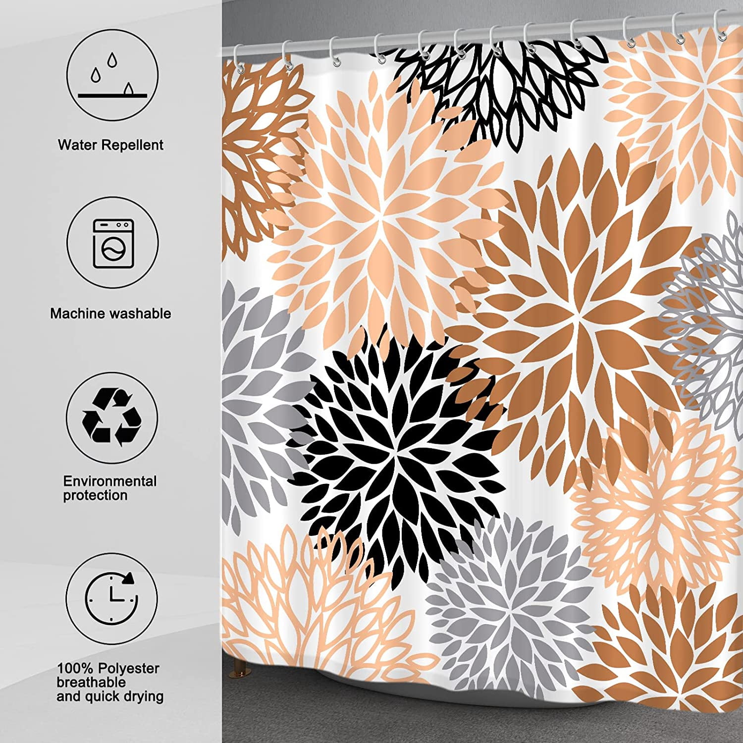 Dahlia Flower Shower Curtain, Floral Bathroom Decor, Waterproof Polyester Fabric Orange Brown Black Grey Set, with 12 Hooks 72 x 72 Inches
