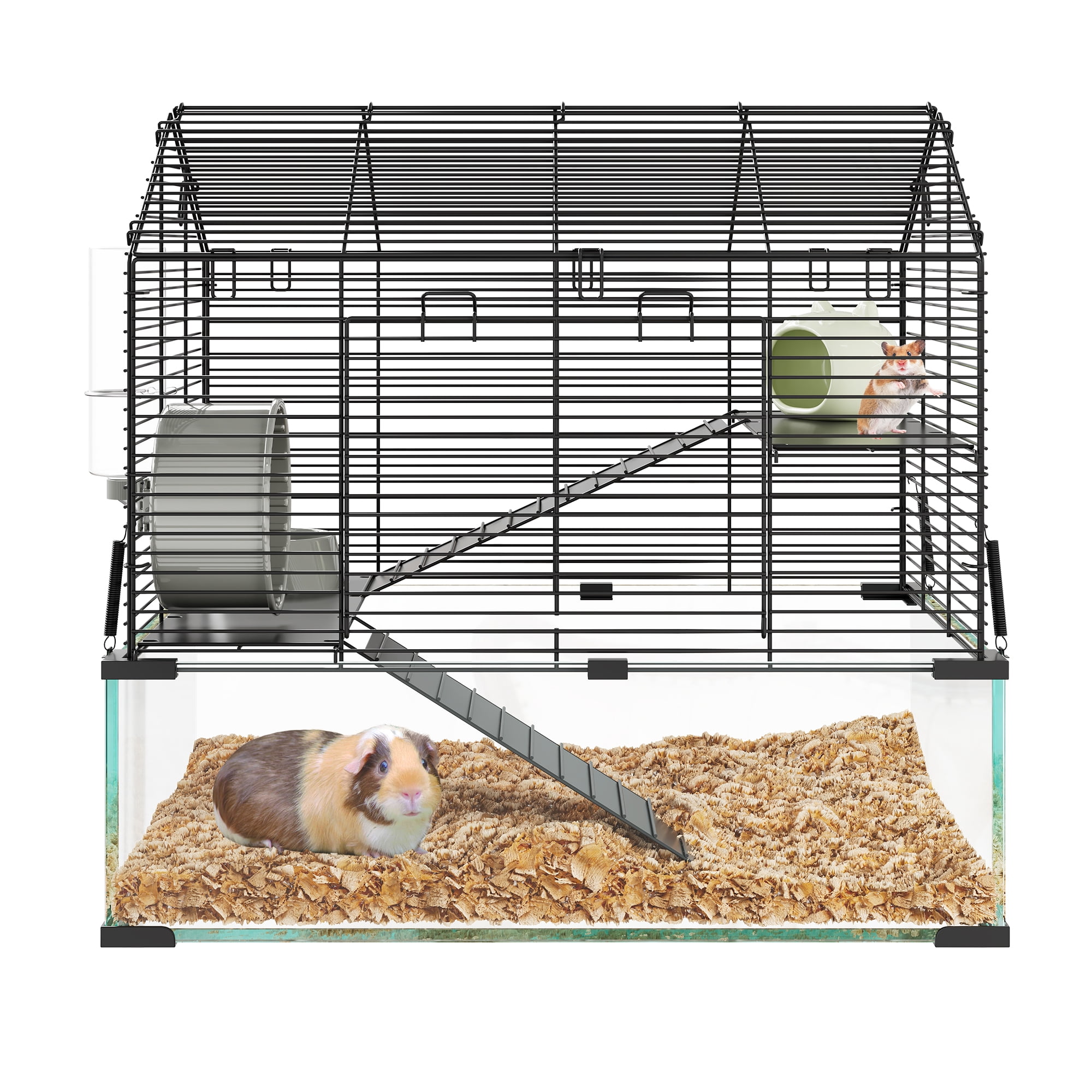 Large Hamster Cage with 7" Deep Tempered Glass Bottom, 3 Tiers Big Hamster Tank with Running Wheel, Hut, Water Bottle, Dish, Rat Cages for Syrian, Dwarf, Gerbils, Mouse, 22.83" x 15" x 21.25"