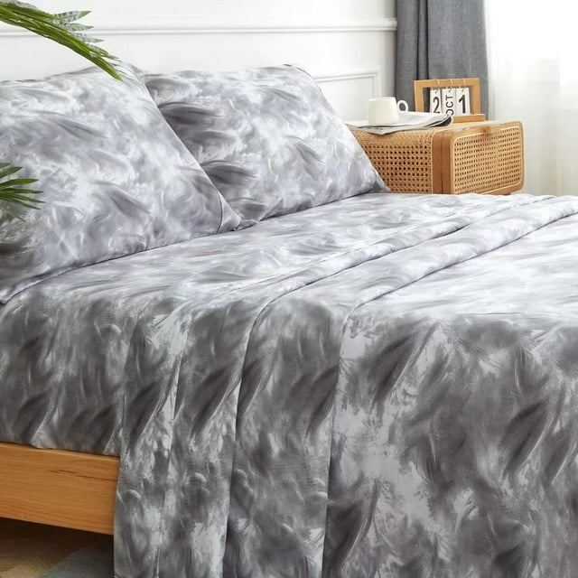 King Size Bed Sheets Set PC Soft Cooling Thread Count Microfiber Printed Sheet Deep Pocket Breathes Better Machine Washable Tropical Palm Tree Fronds Patterned Double