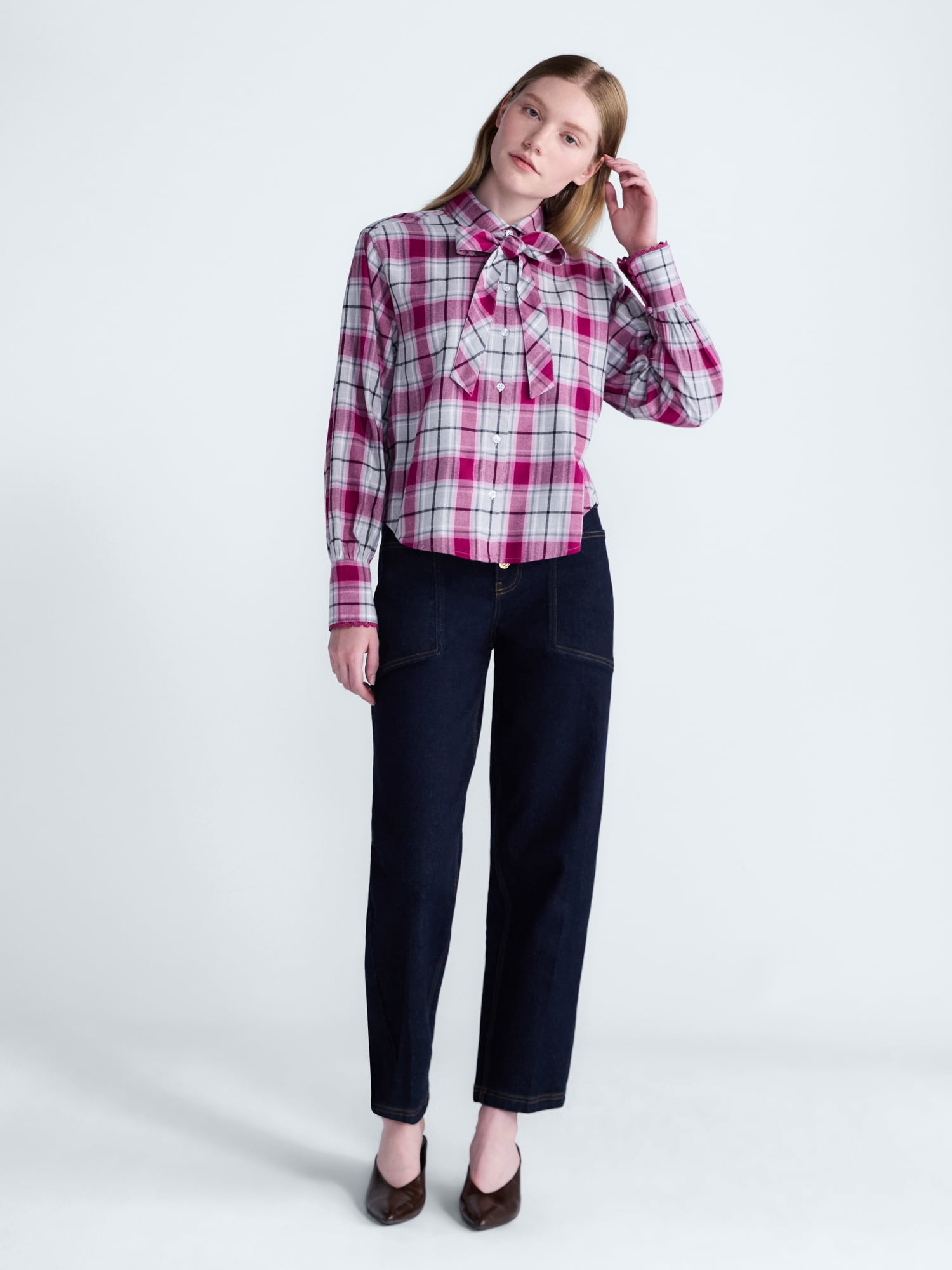 Scoop Women's and Women's Plus Plaid Bow Shirt, Sizes XS-4X