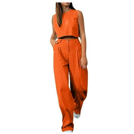 Summer Savings Clearance 2025! Bovxnpu Two Piece Sets for Women  Summer Outfits for Women  Women s Summer Solid Color Sleeveless Vests Top Trousers Fashion Women s Two-Piece Set Orange XXXXL