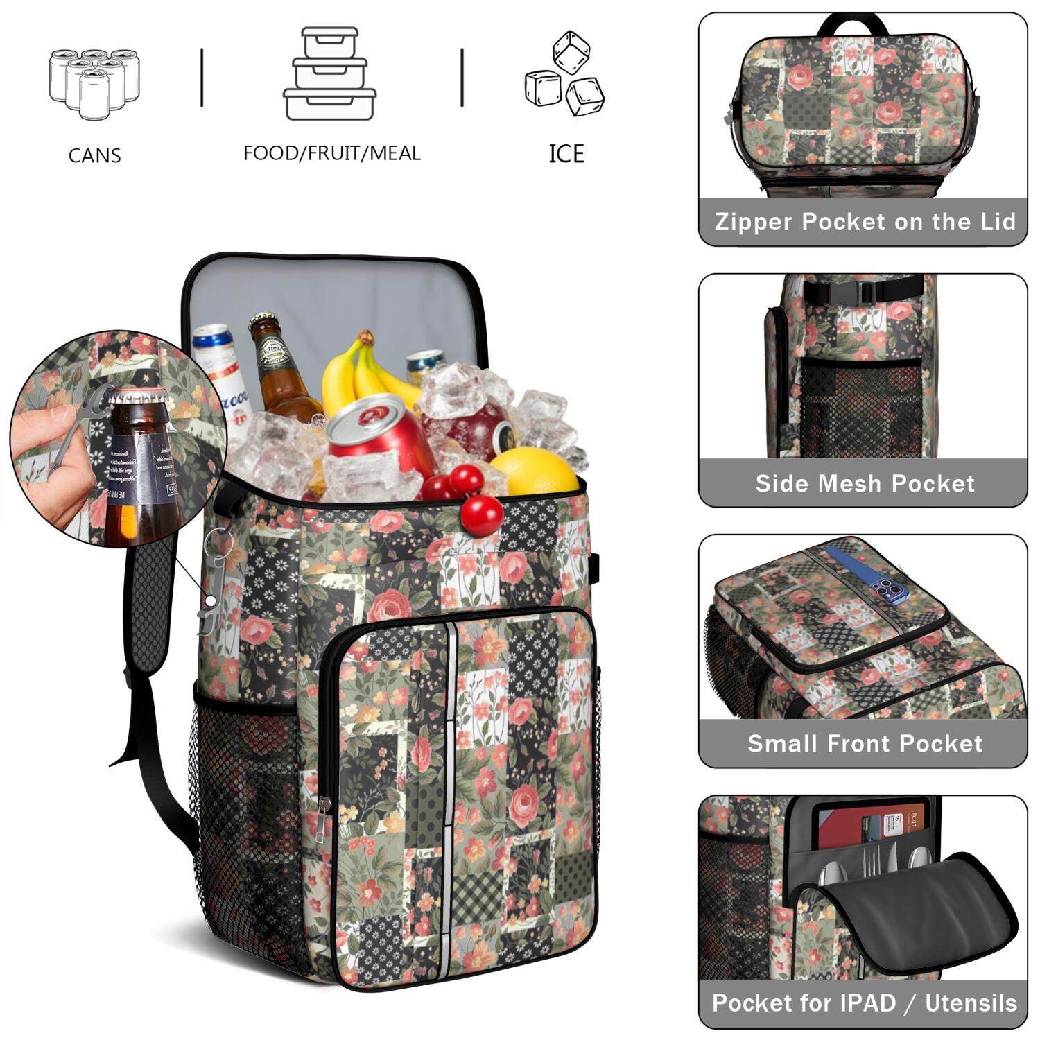 Travel Cooler Bag - Pioneer Flower Camping Beer Cooler Backpack with Bottle Opener- Waterproof Insulated Picnic Backpacks - Cooler Bag for Beach