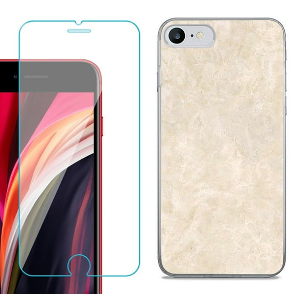 Slim-Fit Fashion Gel Phone Case for iPhone SE 2022, with Tempered Glass Screen Protector, by OneToughShield ® - Marble / Latte