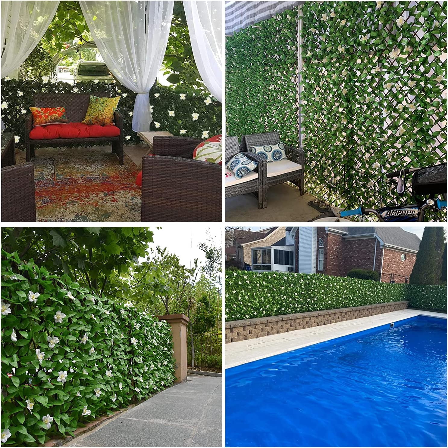 Expandable Faux Ivy Privacy Fence for Balcony, Outdoor Decorative Fencing Panel with White Flowers