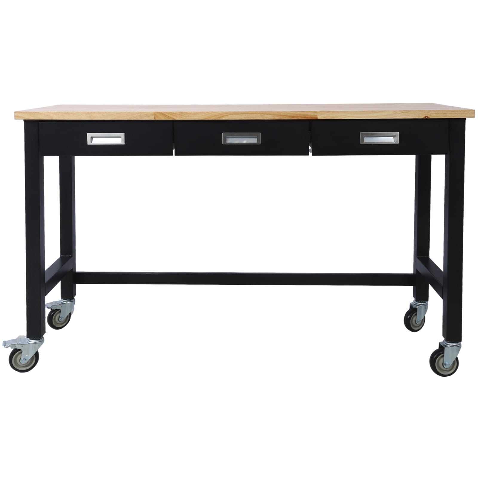 60in Work Bench with Drawer Storage, Heavy Duty Bamboo Wood Work Table with Wheels for Garage Home Office