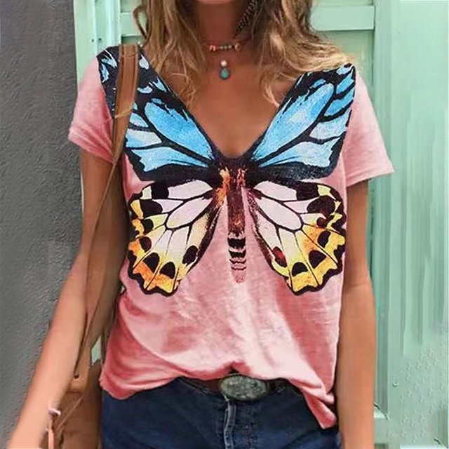 Pntutb moda mujer cuello en V verano manga corta estampados de mariposa tops camiseta suelta Pntutb Pntutb-8269