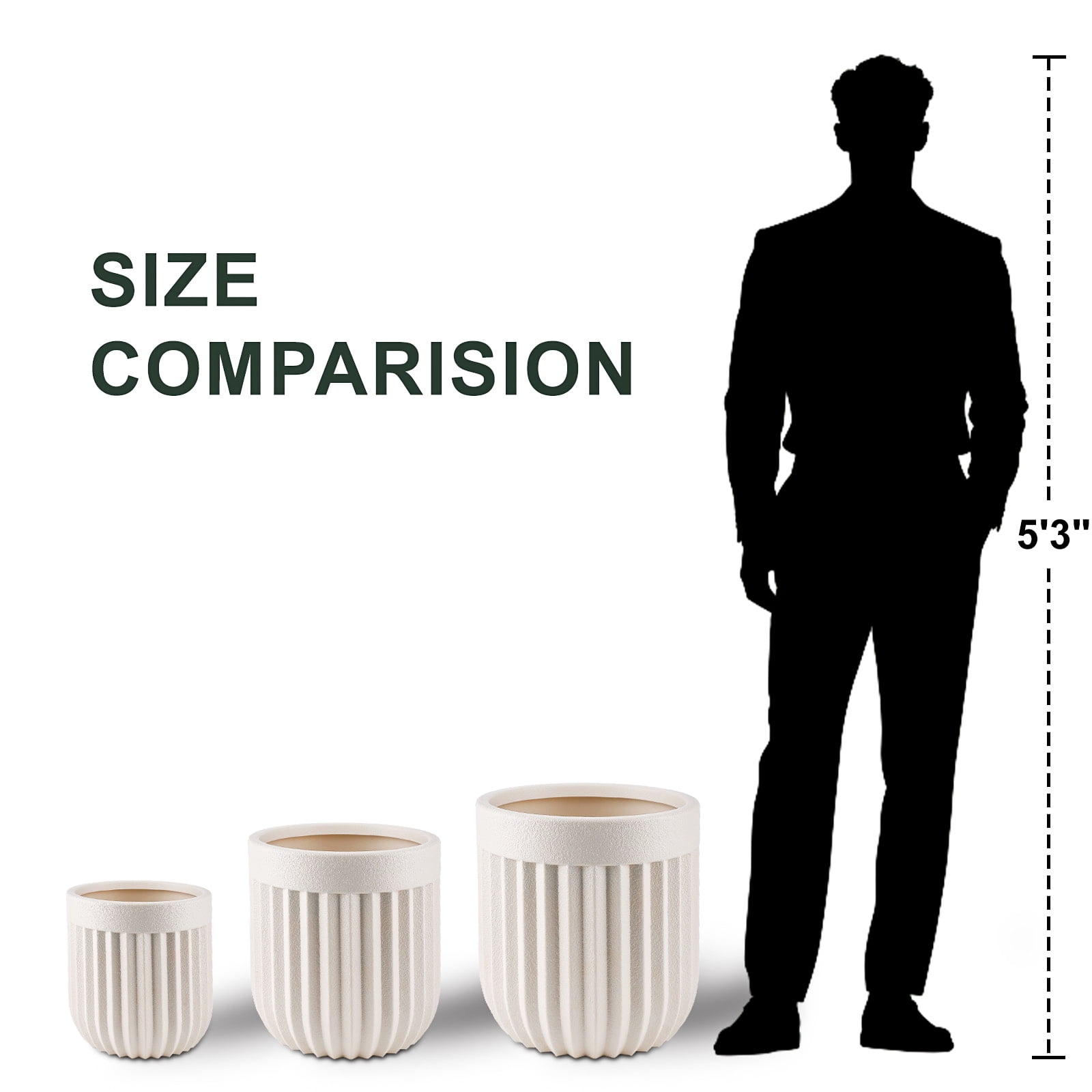 FOUKUS Large Concrete-Like Plastic Planter Set: 3-Piece Tall Fluted Round Lightweight Planters for Indoor & Outdoor Use, Modern Decorative Pots with Drainage for Home, Patio, Porch & Garden