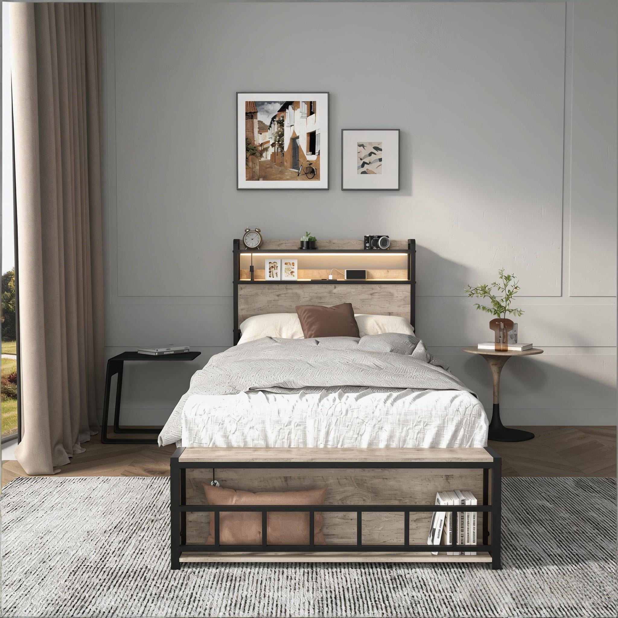 Mintazer Kids Twin Size Power Outlet Headboard and Footboard Shelves Storage Metal Platform Bed Frame with LED Light and USB Charging for Boys Girls, Gray