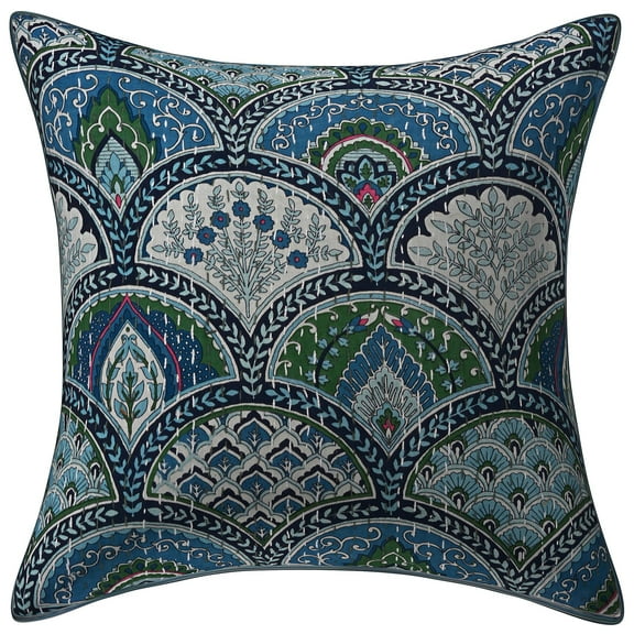 Stylo Culture Indian Couch Throw Pillow Cover 16 x 16 Kantha Grey Printed 40x40 cm Bedroom Decor Pillowcase Cotton Rainbow Square Cushion Cover | 1 Pc