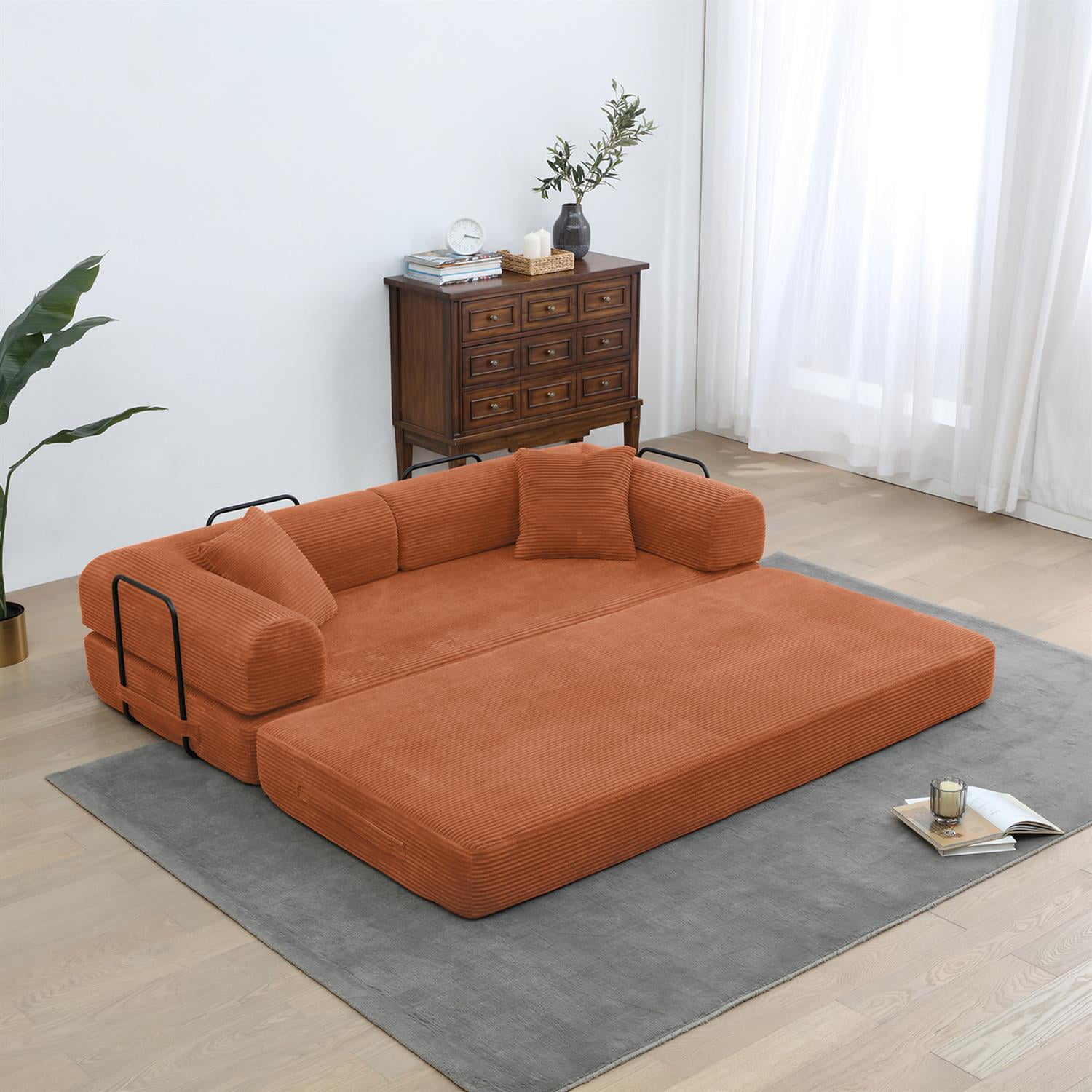 Demi Bonn 77" Convertible Sleeper Sofa Bed, Corduroy Foldable Mattress Couch with Cylindrical Pillow & Fixed Frame for Living Room, Bedroom, Orange