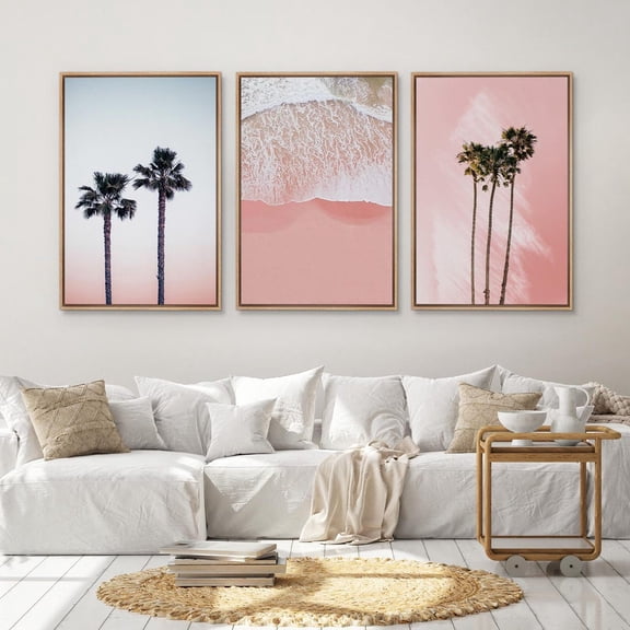 UNFFRAMED Pink Beach Wall Art Set Of 3 Coastal Prints Palm Tree & Ocean Wave Photography Minimalist Summer Decor For Bathroom, Bedroom Set 3 Prints 8x12