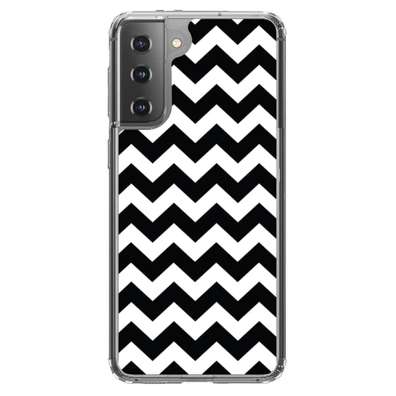 DistinctInk Clear Shockproof Hybrid Case for Galaxy S21 5G (6.2" Screen) - TPU Bumper, Acrylic Back, Tempered Glass Screen Protector - Black & White Chevron Stripes - Chevron Stripes