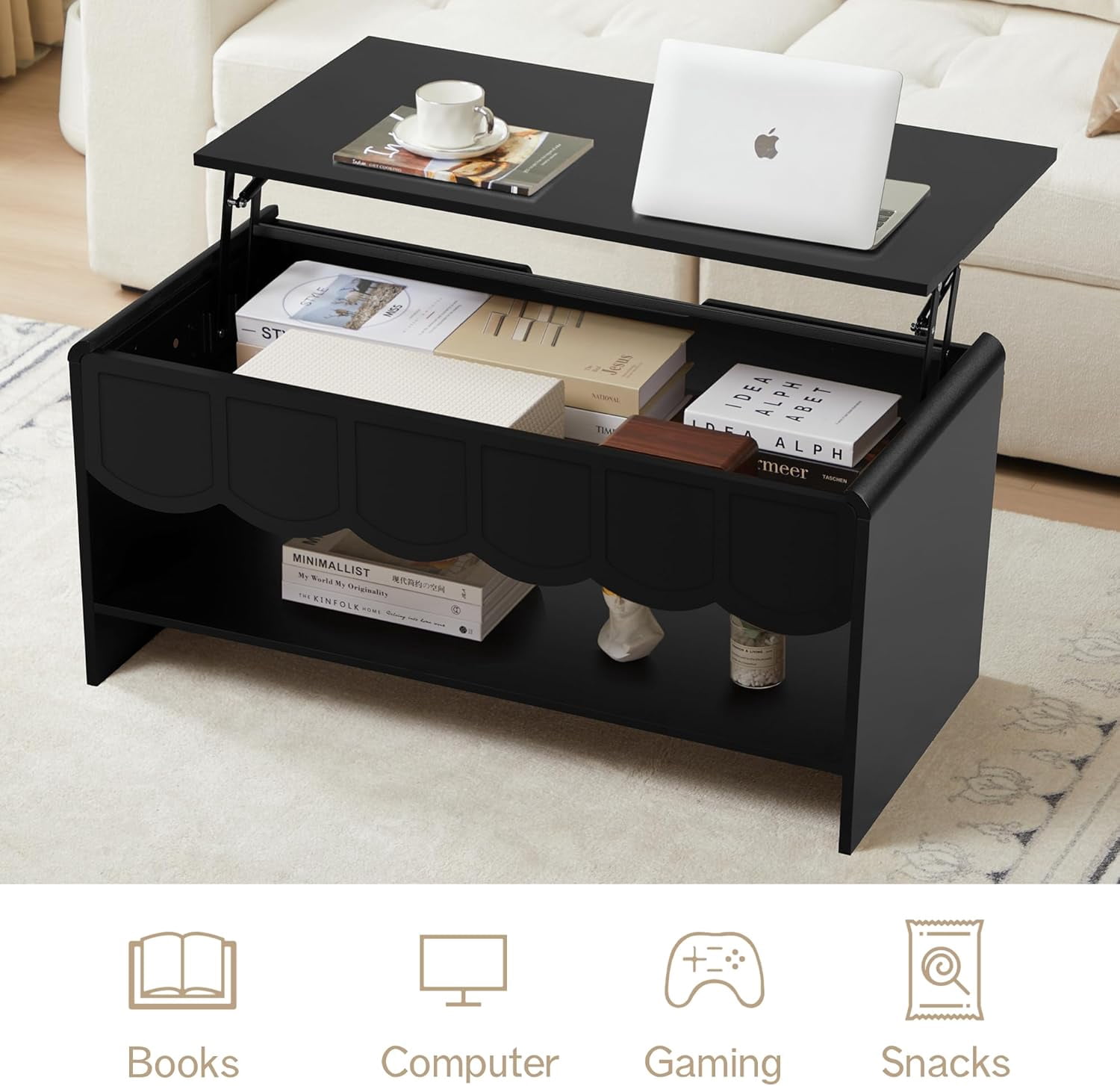 Wirrytor Lift Top Coffee Table with Storage for Living Room, Oval Coffee Table with Hidden Compartment and Open Shelf, Modern Center Table with Wave Edge Design