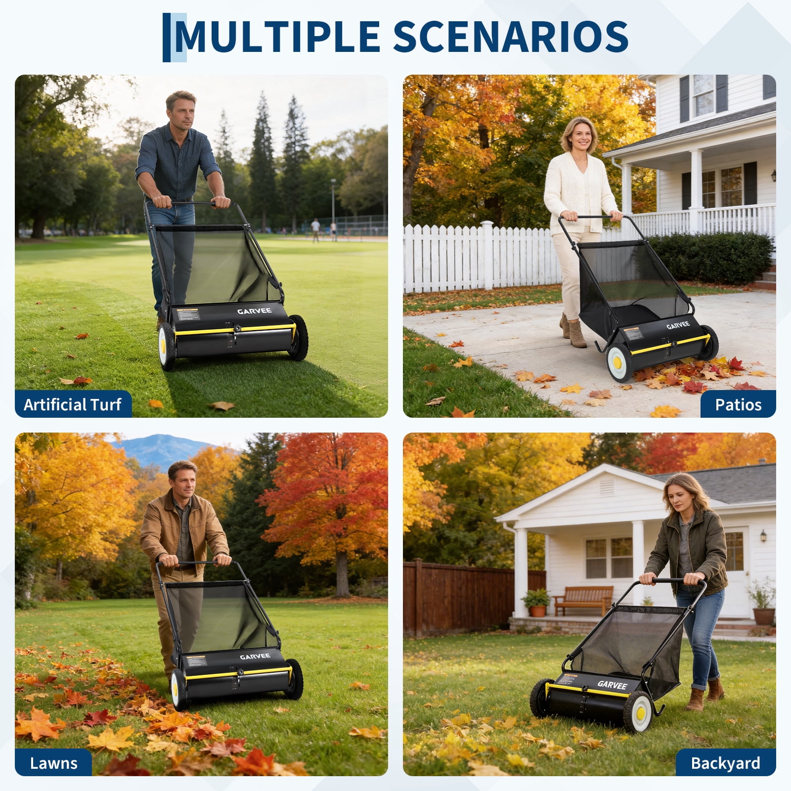 BouPower 26 in Push Lawn Sweeper – 4 Spinning Brushes, 7 Cu. Ft. Large Capacity Collection Bag, Adjustable Height, Durable Steel Frame with Rubber Wheels, for Grass, Leaves & Debris on All Terrains