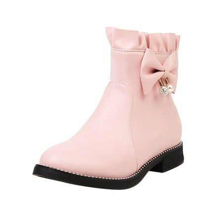 

HGWXX7 Ladies Cute Fashion Bow Solid Color Flat Round Toe Square Heel Short Student Style Boots Fall Shoes